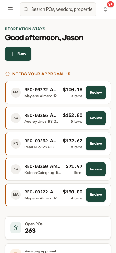 The PurchSense dashboard on a phone, as field staff see it